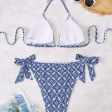 VCAY Conjunto de traje de bano de talla grande con bikini halter impreso con tiras y top triangulo, Verano