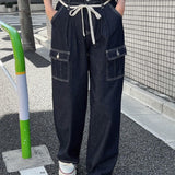 FRIFUL Pantalones Jeans de mujer de unicolor con grandes bolsillos de moda