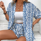 VCAY Conjunto de 2 piezas para vacaciones de primavera/verano con estampado azul para mujeres