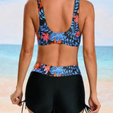 NEW  Swim Lushore Conjunto de bikini para mujer con estampado de plantas tropicales, con top corto retorcido y Bottom de corte alto y descarado, impresion aleatoria, para vacaciones
