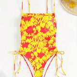Swim Traje de bano de una pieza con tirantes delgados para mujer con estampado de plantas para la playa en verano