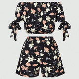 VCAY Conjunto de top corto y shorts para mujeres con impresion de flores, holgado, estilo fuera del hombro y manga corta para verano