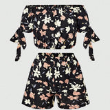 VCAY Conjunto de top corto y shorts para mujeres con impresion de flores, holgado, estilo fuera del hombro y manga corta para verano