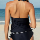 Swim Lushore Conjunto de tankini de cuello halter con parche de rayas para mujeres para vacaciones y playa