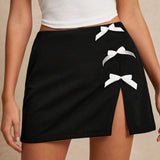 Frenchy Minifalda de lazo de unicolor, minifalda negra con abertura, minifalda de baja cintura, coqueta falda, falda tejida, minifalda negra, falda pequena, estetica coqueton Y2K