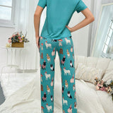 Conjunto de pijama de manga corta con patron de perro para mujer, a la moda