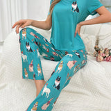 Conjunto de pijama de manga corta con patron de perro para mujer, a la moda