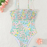 Swim Mod Traje de bano de una pieza para mujer con estampado floral de verano, con dobladillo de volantes y tirantes de espagueti