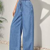 Tall Jeans casuales de cintura alta y pierna ancha para mujer con cintura elastica, azul