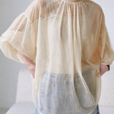 -Less Blusa de cuello alto de manga farol transparente de organdi