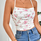 Top corto de verano para mujer, estampado de flores diminutas con fruncido y ajuste cenido con tirantes, lindo top de verano, Top blanco para mujer, camiseta sin mangas, top de cami para mujer para el verano