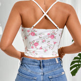 Top corto de verano para mujer, estampado de flores diminutas con fruncido y ajuste cenido con tirantes, lindo top de verano, Top blanco para mujer, camiseta sin mangas, top de cami para mujer para el verano