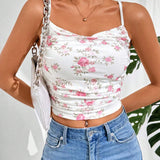 Top corto de verano para mujer, estampado de flores diminutas con fruncido y ajuste cenido con tirantes, lindo top de verano, Top blanco para mujer, camiseta sin mangas, top de cami para mujer para el verano