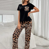 Conjunto de pijama de manga corta con estampado de leopardo y pantalones a Conjunto con bolsillos