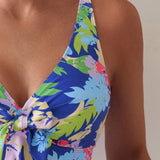 Swim Lushore Conjunto de tankini para mujer de verano en la playa con estampado de plantas, nudo frontal y fondos triangulares