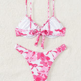 Swim Vcay Conjunto de traje de bano de mujer con cordones florales y fondo de bikini con pliegues para vacaciones en la playa