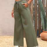 VCAY Pantalones de mezclilla casuales para mujeres de pierna ancha y cintura alta con cordon en la cintura y bolsillos