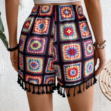 VCAY Shorts de corte aleatorio para vacaciones y tiempo libre con impresion floral de crochet, dobladillo de borlas