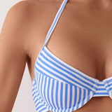 VCAY Conjunto de bikini con diseno de corte sexy y cuello halter para mujeres con estampado a rayas para la playa de verano