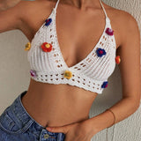 Swim Camisola de verano para mujer para cubrir la playa con decoracion de flores en 3D, estilo de cuello colgante