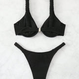 Conjunto de bikini sexy para mujer de unicolor con huecos, ropa de bano para vacaciones en la playa