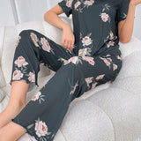 Conjunto de blusa de manga corta y pantalones largos impresos con flores para mujeres