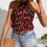 Camisa casual sin mangas para mujer con estampado de leopardo para el verano y cuello halter