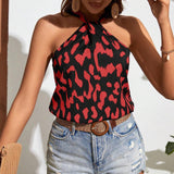 Camisa casual sin mangas para mujer con estampado de leopardo para el verano y cuello halter