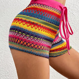 VCAY Shorts de vacaciones de patron de espina de pescado de moda para mujeres con cinturon en la cintura
