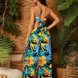 SXY Mono de mujer bohemio de verano con estampado de flores botanicas amarillas y azules y pantalones flojos