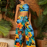 SXY Mono de mujer bohemio de verano con estampado de flores botanicas amarillas y azules y pantalones flojos