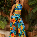 SXY Mono de mujer bohemio de verano con estampado de flores botanicas amarillas y azules y pantalones flojos