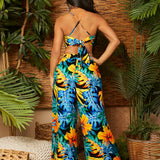 SXY Mono de mujer bohemio de verano con estampado de flores botanicas amarillas y azules y pantalones flojos