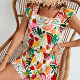 VCAY Conjunto de 2 piezas para mujer de verano, con camisa de manga corta y shorts de tejido estampado con frutas tropicales, para vacaciones