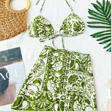 WYWH Conjunto de bikini para mujer con estampado de flores verdes estilo bohemio para vacaciones en la playa y festivales de musica, parte superior y inferior de sujetador, ideal para la temporada de vacaciones y graduacion