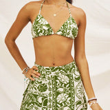 WYWH Conjunto de bikini para mujer con estampado de flores verdes estilo bohemio para vacaciones en la playa y festivales de musica, parte superior y inferior de sujetador, ideal para la temporada de vacaciones y graduacion