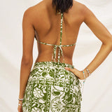 WYWH Conjunto de bikini para mujer con estampado de flores verdes estilo bohemio para vacaciones en la playa y festivales de musica, parte superior y inferior de sujetador, ideal para la temporada de vacaciones y graduacion