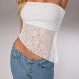 Aloruh Top ajustado blanco bustier asimetrico para hombro frio con encaje y costura para primavera/verano de mujer