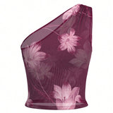 Aloruh Camisa floral asimetrica, de malla y transparente en un hombro para uso diario y en vacaciones para mujer
