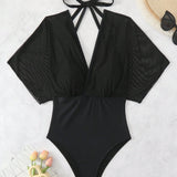 Swim Traje de bano de una pieza sexy halter de manga corta de unicolor para playa de verano de mujer (copa DD)