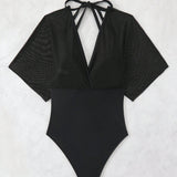 Swim Traje de bano de una pieza sexy halter de manga corta de unicolor para playa de verano de mujer (copa DD)