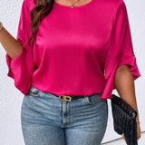 Blusa elegante y holgada de a grande para mujer con cuello redondo y mangas acampanadas de verano en unicolor