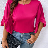 Blusa elegante y holgada de a grande para mujer con cuello redondo y mangas acampanadas de verano en unicolor