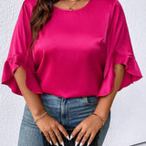 Blusa elegante y holgada de a grande para mujer con cuello redondo y mangas acampanadas de verano en unicolor