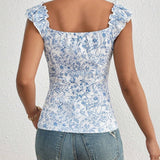 Frenchy Top de cuello redondo con estampado floral vintage y dobladillo plisado para el verano