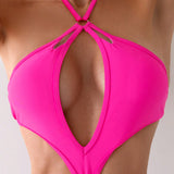 Nuevo bikini/monokini sexy de un solo color con diseno de corte alto y cuello halter para mujeres