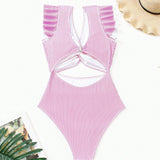 Traje de bano de una pieza para mujer con rayas, hombros descubiertos, cintura recortada y detalles perforados, ideal para nadar en la playa durante el verano