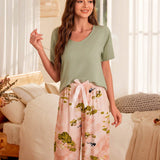 Serenescape Conjunto de pijama corto y largo con diseno de flores en colores contrastantes y lazo