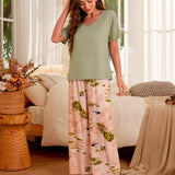Serenescape Conjunto de pijama corto y largo con diseno de flores en colores contrastantes y lazo