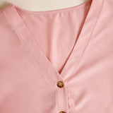 LUNE Blusa de manga corta con cuello en V para mujer de unicolor con botones delanteros para verano